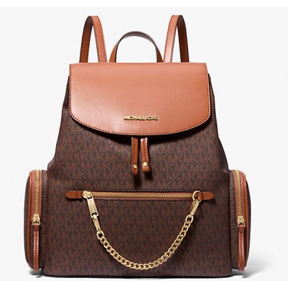 MICHAEL KORS Jet Set Large Logo Backpack Brown Gold Chain Leather Trim NWT - Picture 1 of 5